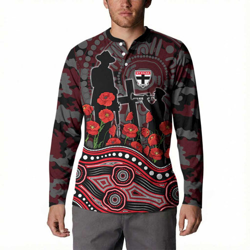 St Kilda Saints ANZAC Day Button Sweatshirt Indigenous Dot Art with Poppy Flower Tribute