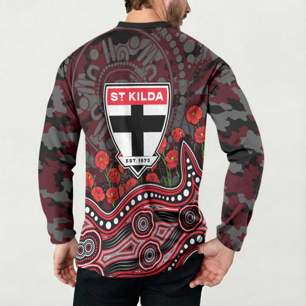 St Kilda Saints ANZAC Day Button Sweatshirt Indigenous Dot Art with Poppy Flower Tribute