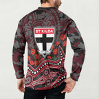 St Kilda Saints ANZAC Day Button Sweatshirt Indigenous Dot Art with Poppy Flower Tribute