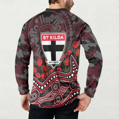 St Kilda Saints ANZAC Day Button Sweatshirt Indigenous Dot Art with Poppy Flower Tribute