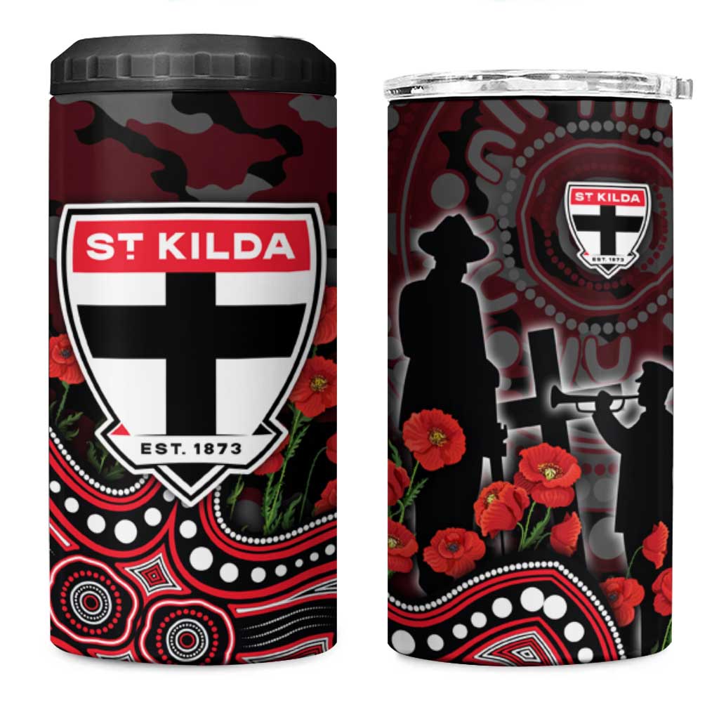 St Kilda Saints ANZAC Day 4 in 1 Can Cooler Tumbler Indigenous Dot Art with Poppy Flower Tribute