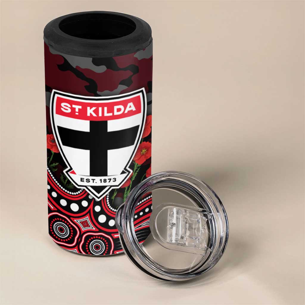 St Kilda Saints ANZAC Day 4 in 1 Can Cooler Tumbler Indigenous Dot Art with Poppy Flower Tribute