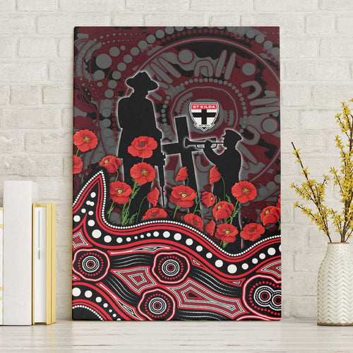 St Kilda Saints ANZAC Day Canvas Wall Art Indigenous Dot Art with Poppy Flower Tribute
