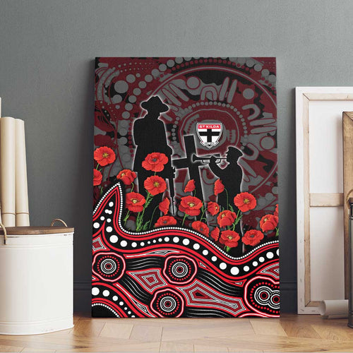 St Kilda Saints ANZAC Day Canvas Wall Art Indigenous Dot Art with Poppy Flower Tribute