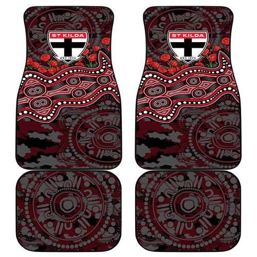 St Kilda Saints ANZAC Day Car Mats Indigenous Dot Art with Poppy Flower Tribute