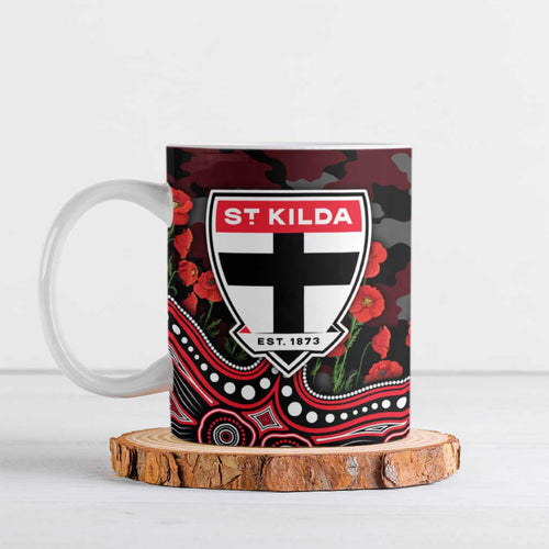 St Kilda Saints ANZAC Day Ceramic Mug Indigenous Dot Art with Poppy Flower Tribute
