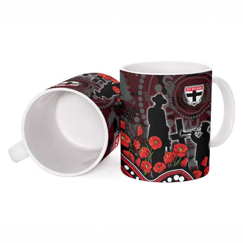 St Kilda Saints ANZAC Day Ceramic Mug Indigenous Dot Art with Poppy Flower Tribute