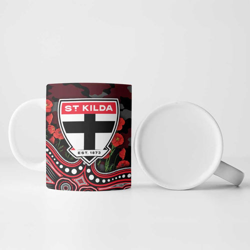 St Kilda Saints ANZAC Day Ceramic Mug Indigenous Dot Art with Poppy Flower Tribute