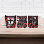 St Kilda Saints ANZAC Day Ceramic Mug Indigenous Dot Art with Poppy Flower Tribute