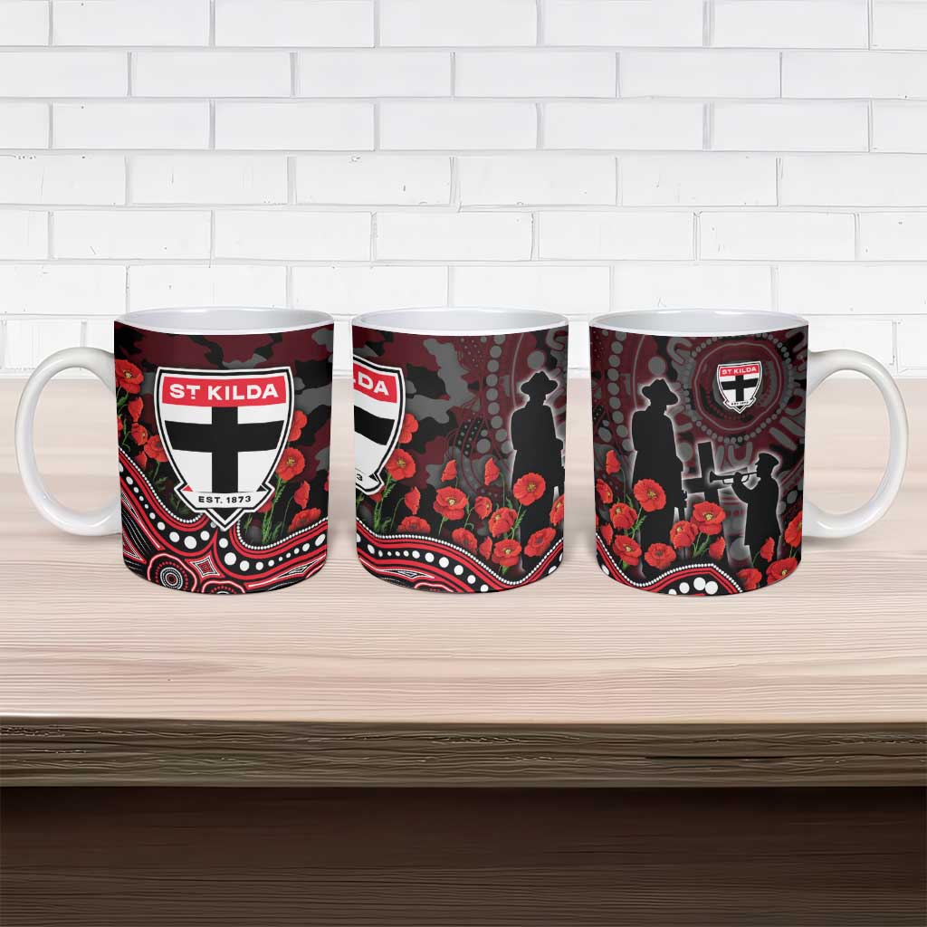 St Kilda Saints ANZAC Day Ceramic Mug Indigenous Dot Art with Poppy Flower Tribute