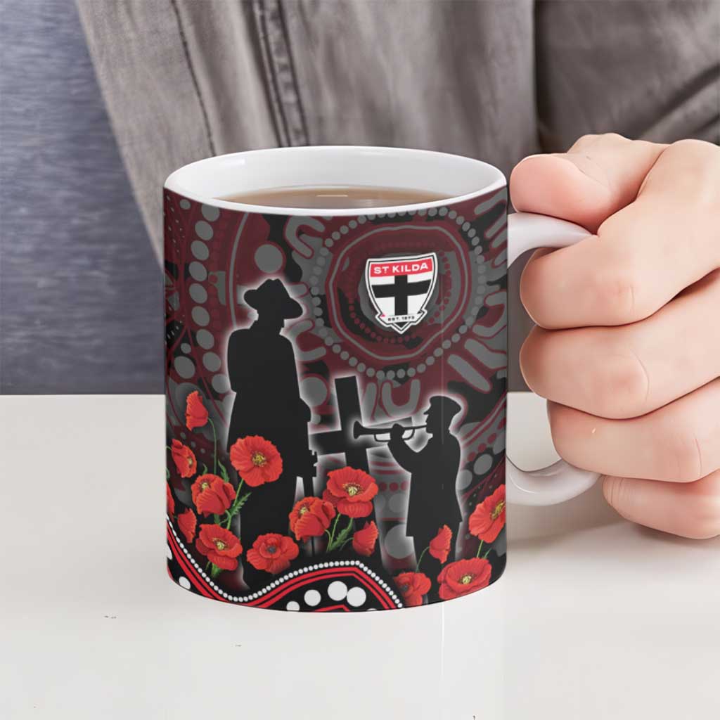 St Kilda Saints ANZAC Day Ceramic Mug Indigenous Dot Art with Poppy Flower Tribute