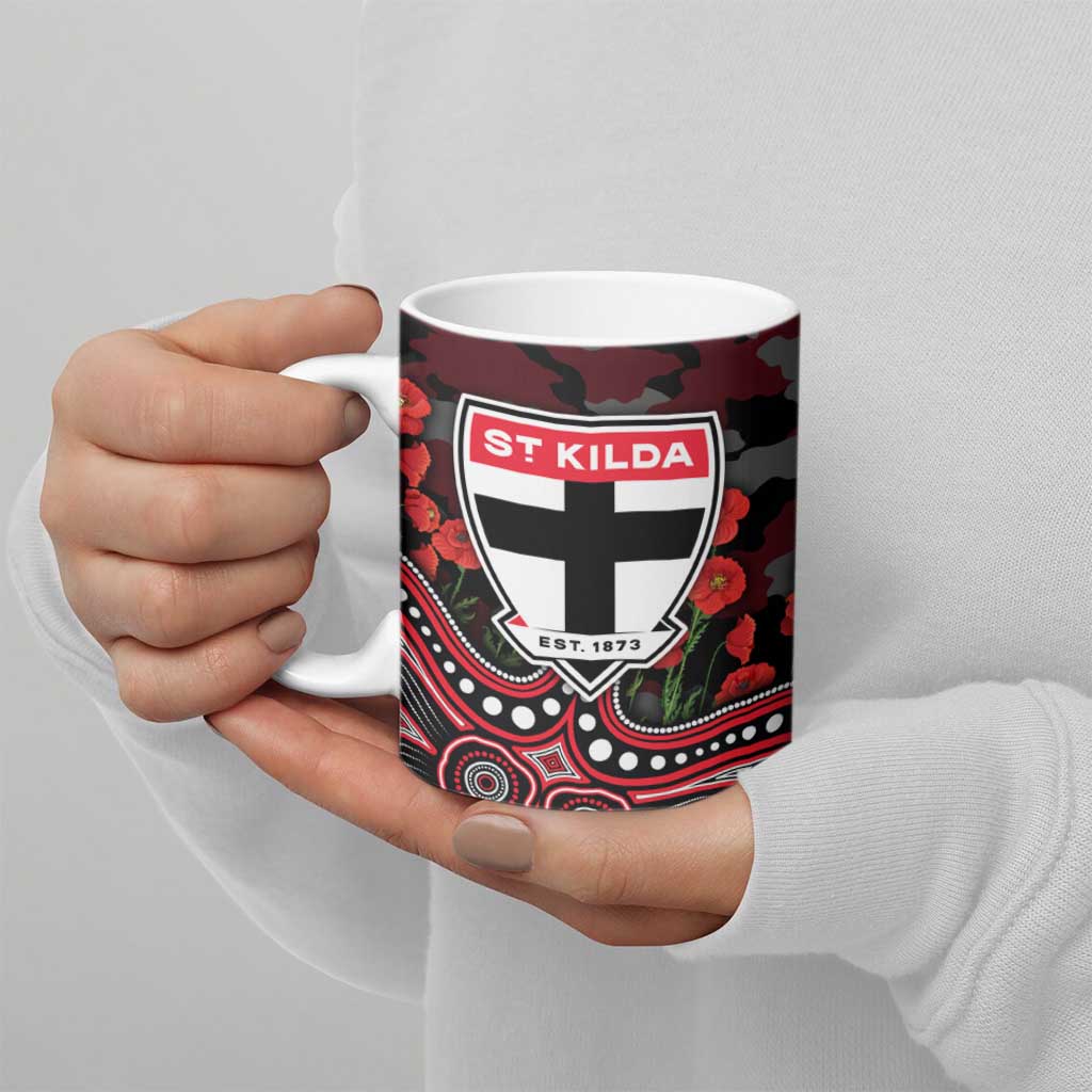 St Kilda Saints ANZAC Day Ceramic Mug Indigenous Dot Art with Poppy Flower Tribute