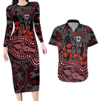 St Kilda Saints ANZAC Day Couples Matching Long Sleeve Bodycon Dress and Hawaiian Shirt Indigenous Dot Art with Poppy Flower Tribute