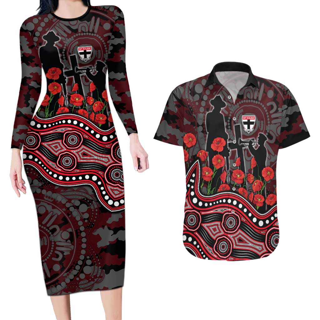 St Kilda Saints ANZAC Day Couples Matching Long Sleeve Bodycon Dress and Hawaiian Shirt Indigenous Dot Art with Poppy Flower Tribute