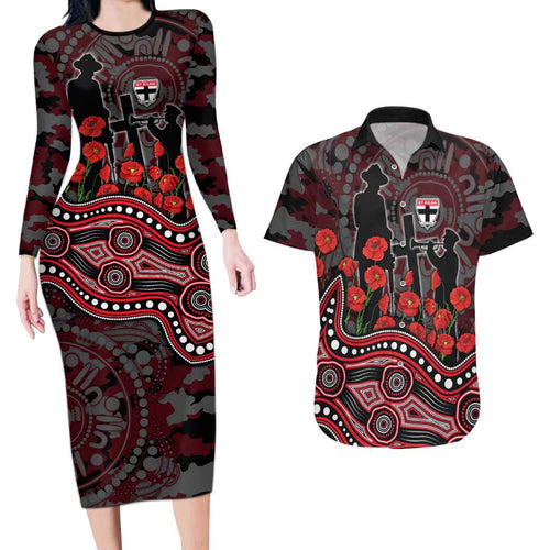 St Kilda Saints ANZAC Day Couples Matching Long Sleeve Bodycon Dress and Hawaiian Shirt Indigenous Dot Art with Poppy Flower Tribute