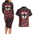 St Kilda Saints ANZAC Day Couples Matching Long Sleeve Bodycon Dress and Hawaiian Shirt Indigenous Dot Art with Poppy Flower Tribute