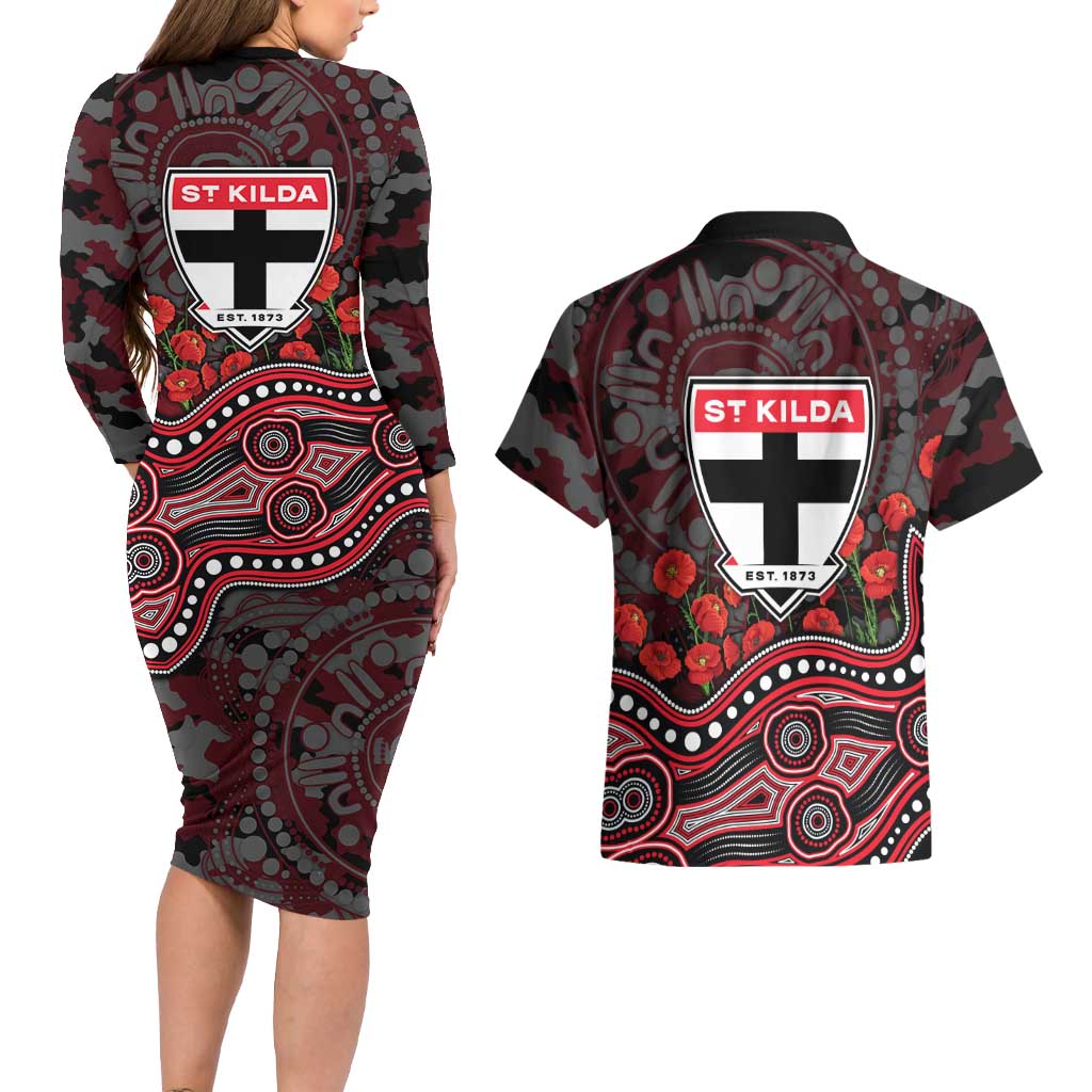 St Kilda Saints ANZAC Day Couples Matching Long Sleeve Bodycon Dress and Hawaiian Shirt Indigenous Dot Art with Poppy Flower Tribute