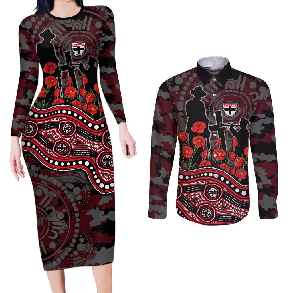 St Kilda Saints ANZAC Day Couples Matching Long Sleeve Bodycon Dress and Long Sleeve Button Shirt Indigenous Dot Art with Poppy Flower Tribute