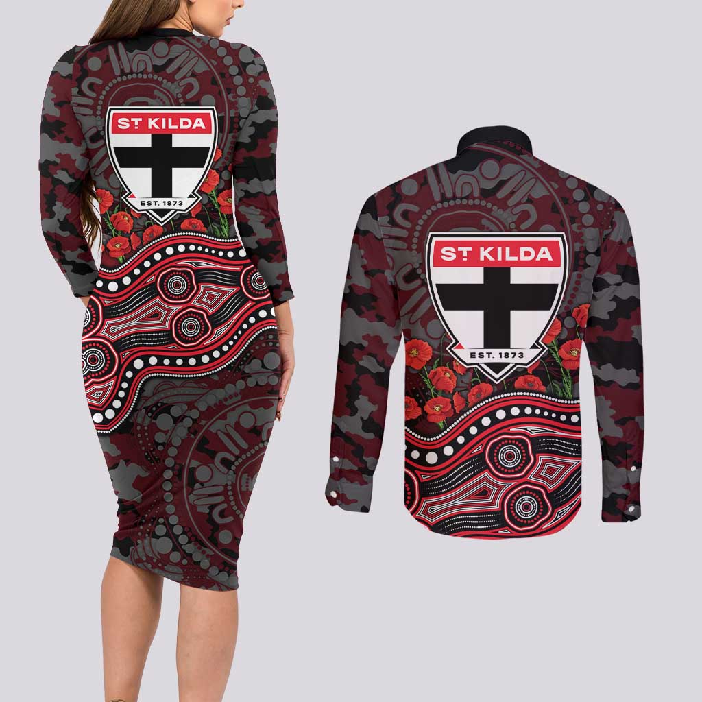 St Kilda Saints ANZAC Day Couples Matching Long Sleeve Bodycon Dress and Long Sleeve Button Shirt Indigenous Dot Art with Poppy Flower Tribute