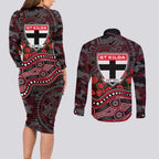 St Kilda Saints ANZAC Day Couples Matching Long Sleeve Bodycon Dress and Long Sleeve Button Shirt Indigenous Dot Art with Poppy Flower Tribute