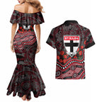 St Kilda Saints ANZAC Day Couples Matching Mermaid Dress and Hawaiian Shirt Indigenous Dot Art with Poppy Flower Tribute