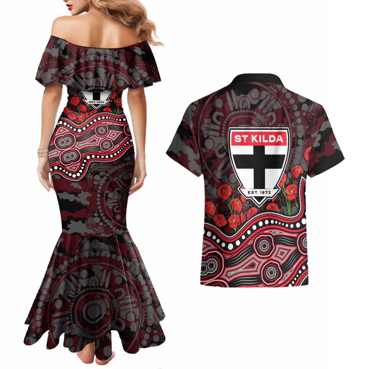 St Kilda Saints ANZAC Day Couples Matching Mermaid Dress and Hawaiian Shirt Indigenous Dot Art with Poppy Flower Tribute