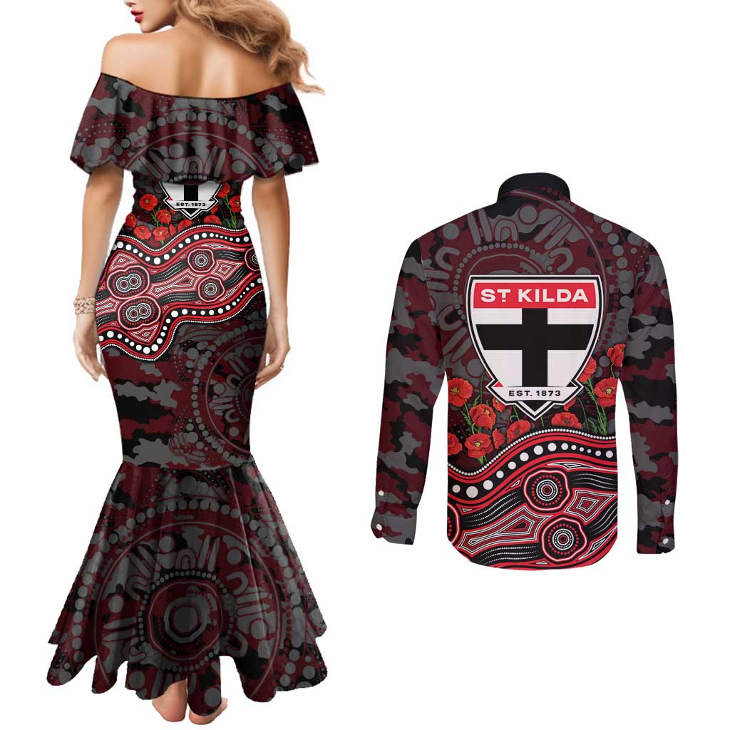 St Kilda Saints ANZAC Day Couples Matching Mermaid Dress and Long Sleeve Button Shirt Indigenous Dot Art with Poppy Flower Tribute