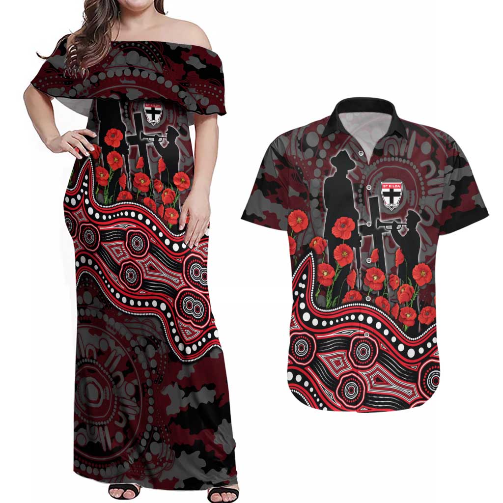 St Kilda Saints ANZAC Day Couples Matching Off Shoulder Maxi Dress and Hawaiian Shirt Indigenous Dot Art with Poppy Flower Tribute