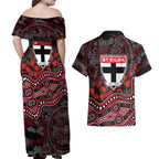 St Kilda Saints ANZAC Day Couples Matching Off Shoulder Maxi Dress and Hawaiian Shirt Indigenous Dot Art with Poppy Flower Tribute