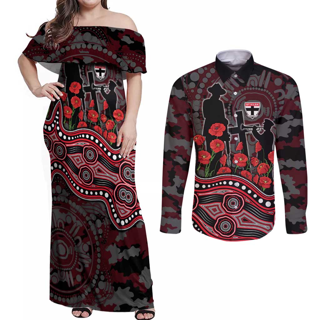 St Kilda Saints ANZAC Day Couples Matching Off Shoulder Maxi Dress and Long Sleeve Button Shirt Indigenous Dot Art with Poppy Flower Tribute