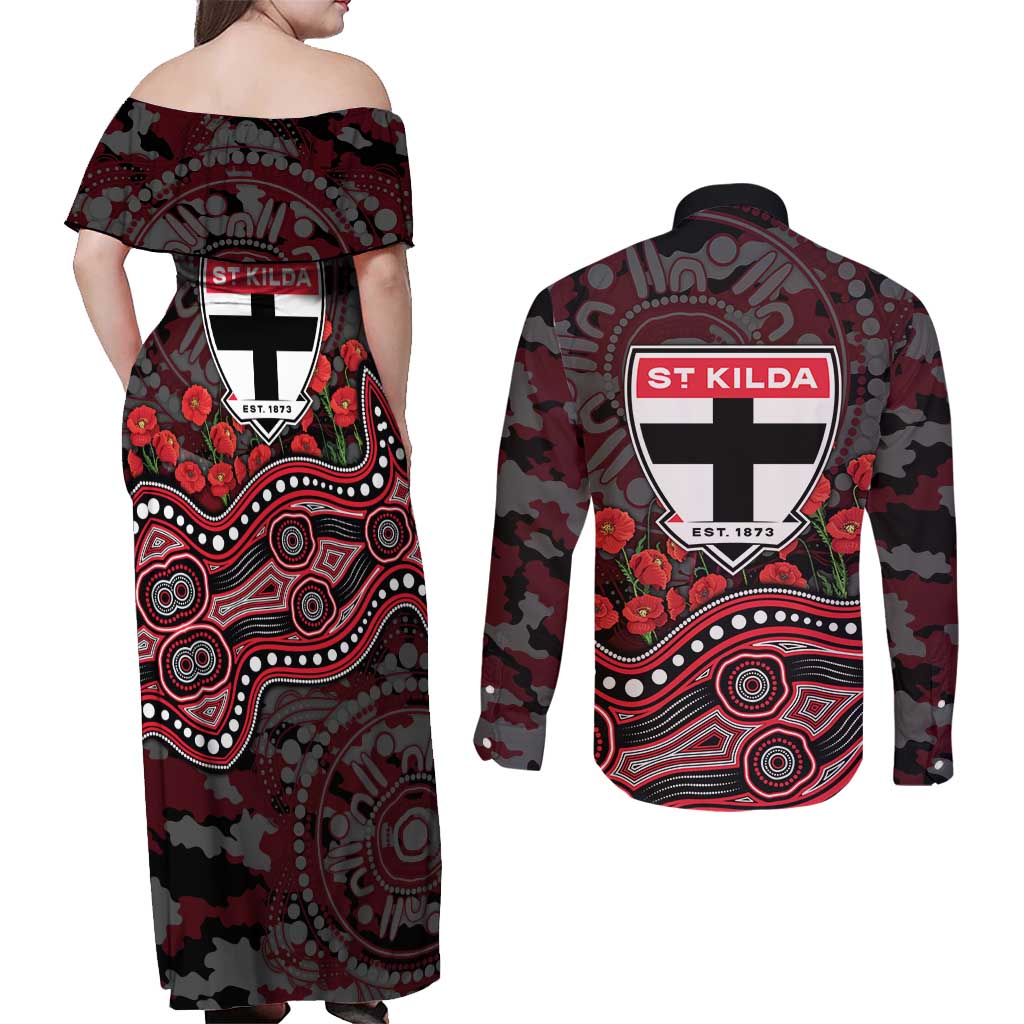 St Kilda Saints ANZAC Day Couples Matching Off Shoulder Maxi Dress and Long Sleeve Button Shirt Indigenous Dot Art with Poppy Flower Tribute