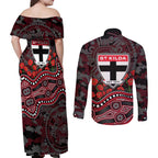 St Kilda Saints ANZAC Day Couples Matching Off Shoulder Maxi Dress and Long Sleeve Button Shirt Indigenous Dot Art with Poppy Flower Tribute