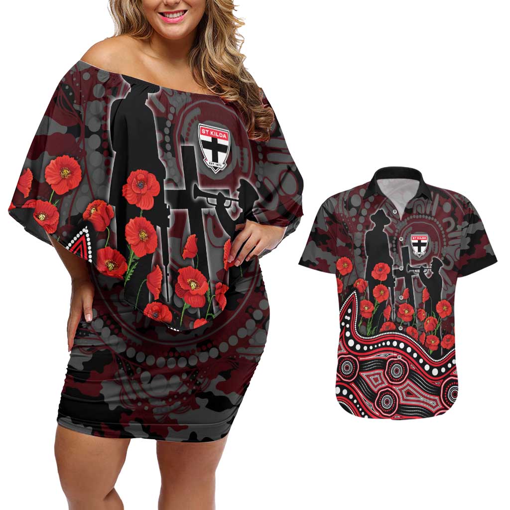 St Kilda Saints ANZAC Day Couples Matching Off Shoulder Short Dress and Hawaiian Shirt Indigenous Dot Art with Poppy Flower Tribute