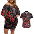 St Kilda Saints ANZAC Day Couples Matching Off Shoulder Short Dress and Hawaiian Shirt Indigenous Dot Art with Poppy Flower Tribute