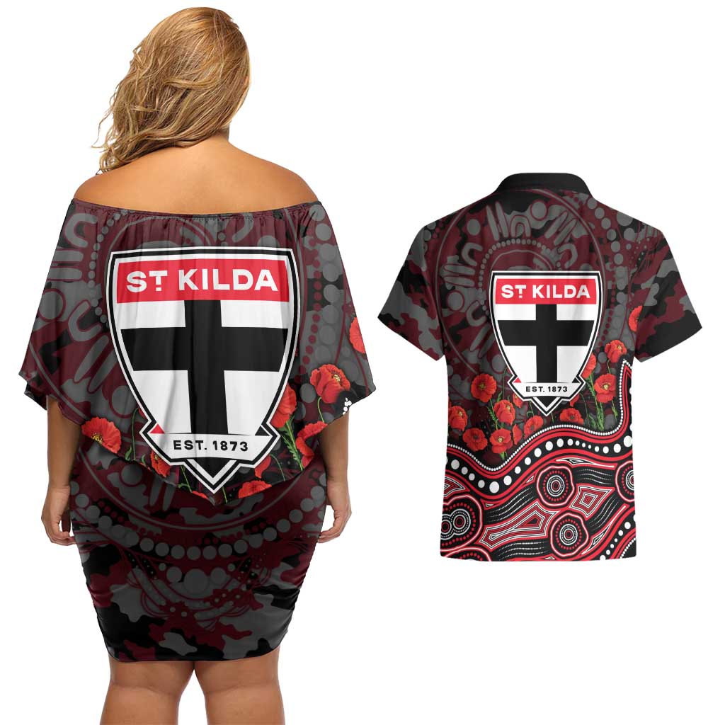 St Kilda Saints ANZAC Day Couples Matching Off Shoulder Short Dress and Hawaiian Shirt Indigenous Dot Art with Poppy Flower Tribute