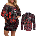 St Kilda Saints ANZAC Day Couples Matching Off Shoulder Short Dress and Long Sleeve Button Shirt Indigenous Dot Art with Poppy Flower Tribute