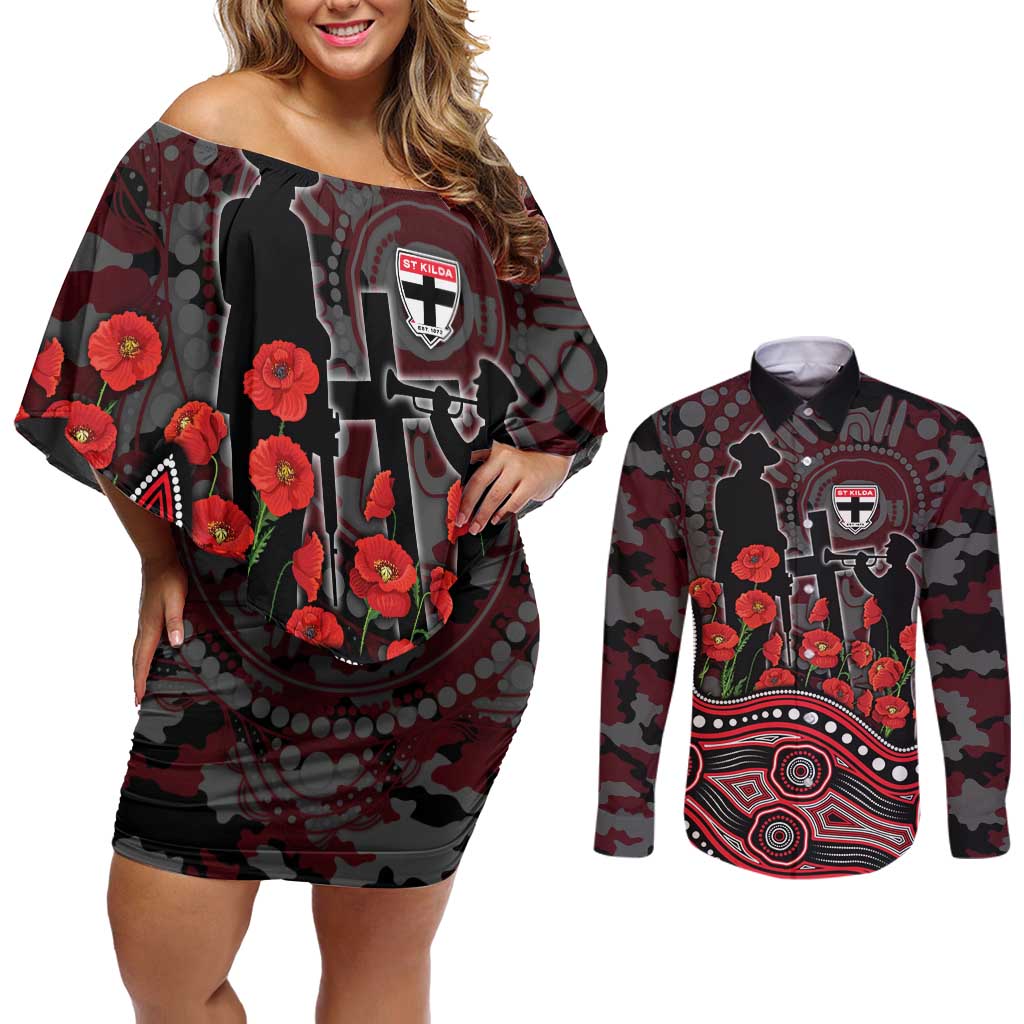 St Kilda Saints ANZAC Day Couples Matching Off Shoulder Short Dress and Long Sleeve Button Shirt Indigenous Dot Art with Poppy Flower Tribute