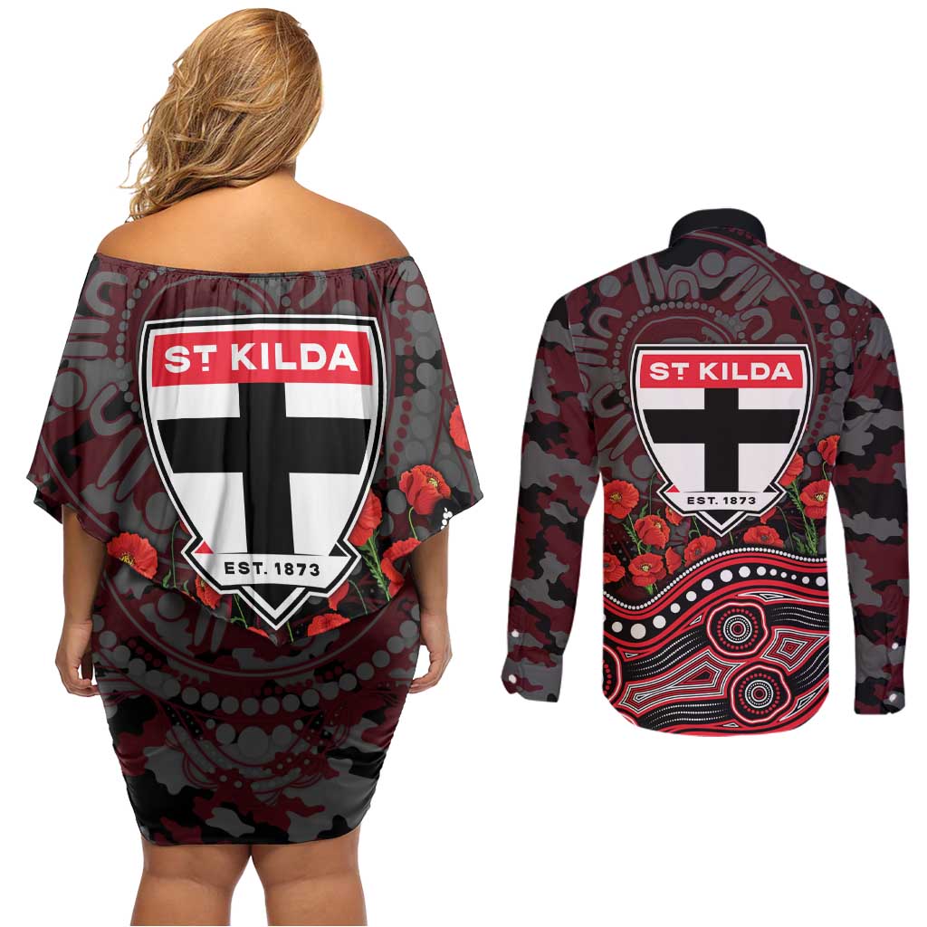St Kilda Saints ANZAC Day Couples Matching Off Shoulder Short Dress and Long Sleeve Button Shirt Indigenous Dot Art with Poppy Flower Tribute