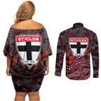St Kilda Saints ANZAC Day Couples Matching Off Shoulder Short Dress and Long Sleeve Button Shirt Indigenous Dot Art with Poppy Flower Tribute