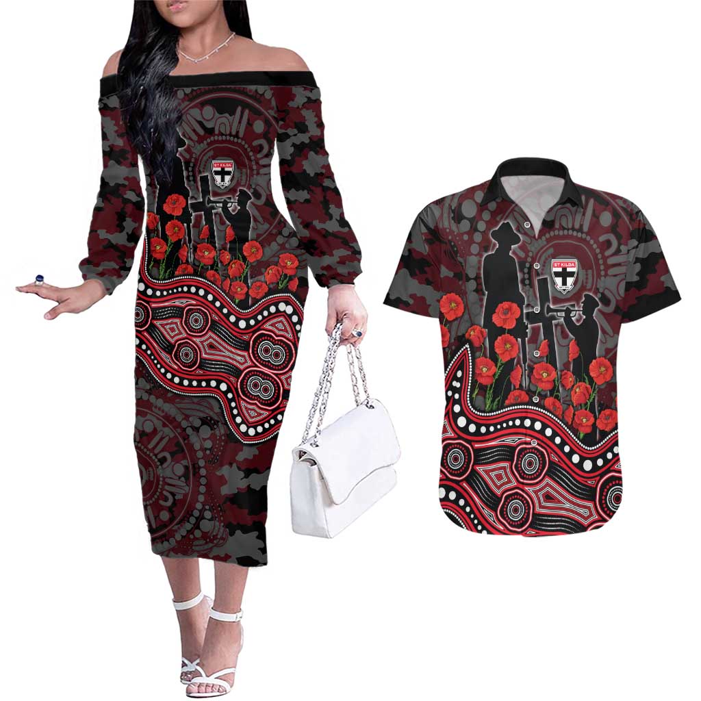 St Kilda Saints ANZAC Day Couples Matching Off The Shoulder Long Sleeve Dress and Hawaiian Shirt Indigenous Dot Art with Poppy Flower Tribute