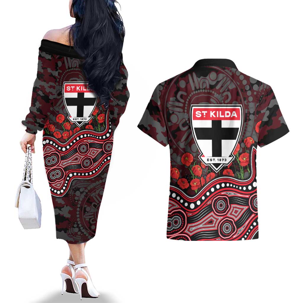 St Kilda Saints ANZAC Day Couples Matching Off The Shoulder Long Sleeve Dress and Hawaiian Shirt Indigenous Dot Art with Poppy Flower Tribute