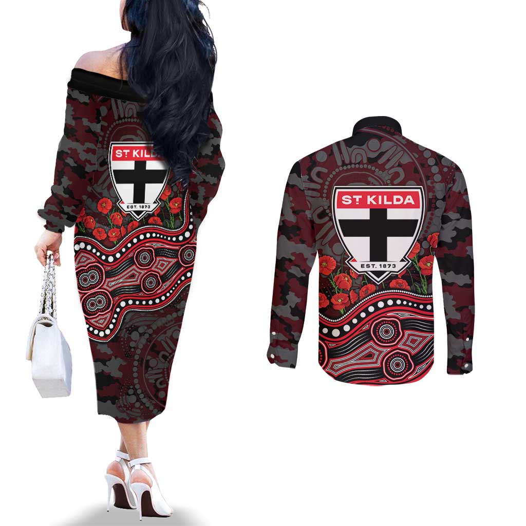 St Kilda Saints ANZAC Day Couples Matching Off The Shoulder Long Sleeve Dress and Long Sleeve Button Shirt Indigenous Dot Art with Poppy Flower Tribute
