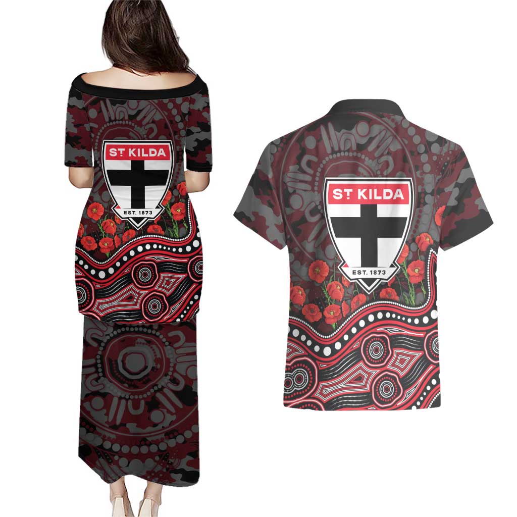 St Kilda Saints ANZAC Day Couples Matching Puletasi and Hawaiian Shirt Indigenous Dot Art with Poppy Flower Tribute