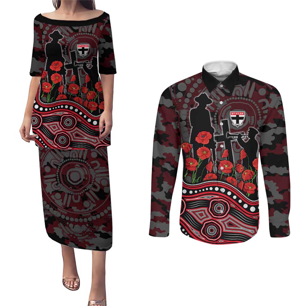 St Kilda Saints ANZAC Day Couples Matching Puletasi and Long Sleeve Button Shirt Indigenous Dot Art with Poppy Flower Tribute
