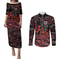 St Kilda Saints ANZAC Day Couples Matching Puletasi and Long Sleeve Button Shirt Indigenous Dot Art with Poppy Flower Tribute
