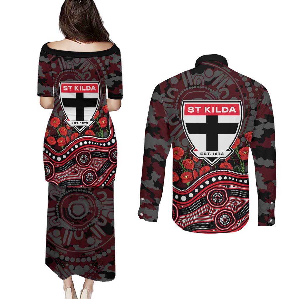 St Kilda Saints ANZAC Day Couples Matching Puletasi and Long Sleeve Button Shirt Indigenous Dot Art with Poppy Flower Tribute