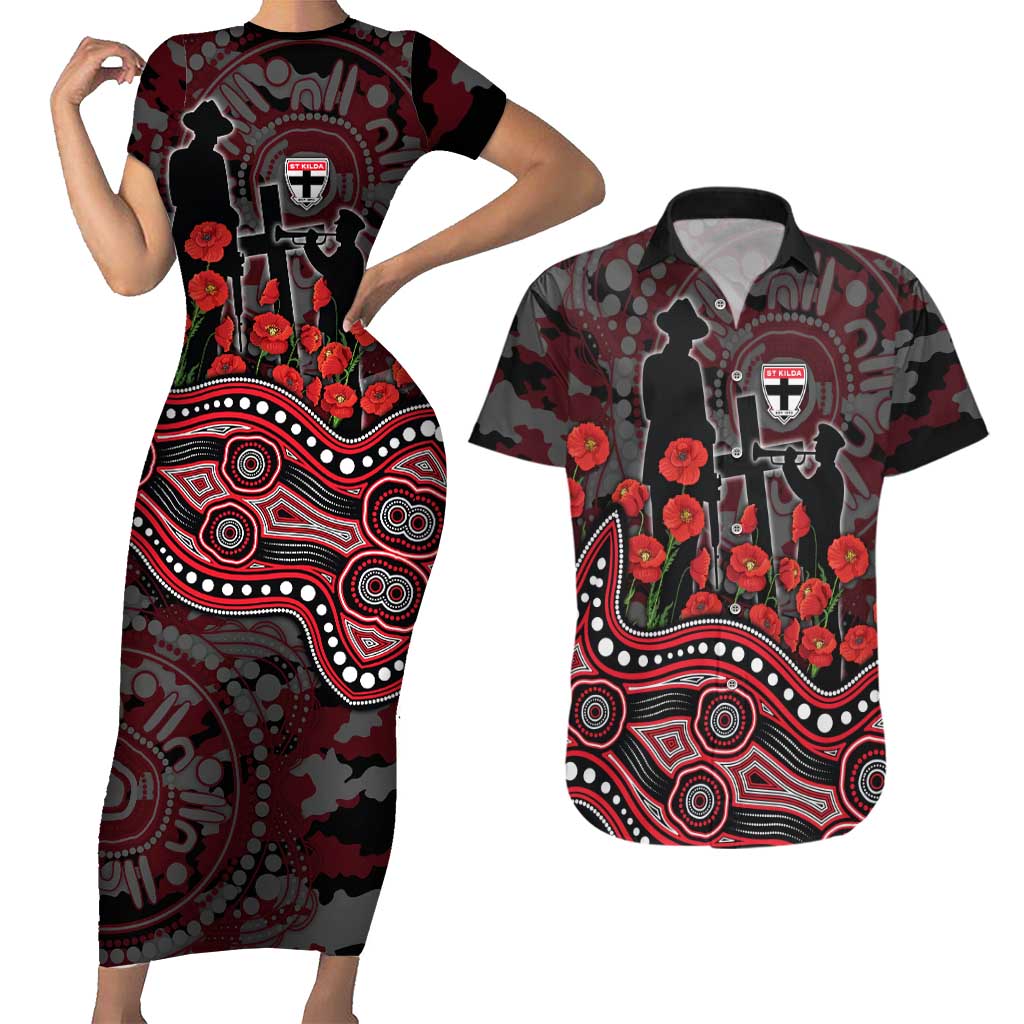 St Kilda Saints ANZAC Day Couples Matching Short Sleeve Bodycon Dress and Hawaiian Shirt Indigenous Dot Art with Poppy Flower Tribute