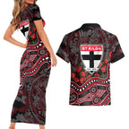 St Kilda Saints ANZAC Day Couples Matching Short Sleeve Bodycon Dress and Hawaiian Shirt Indigenous Dot Art with Poppy Flower Tribute