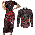 St Kilda Saints ANZAC Day Couples Matching Short Sleeve Bodycon Dress and Long Sleeve Button Shirt Indigenous Dot Art with Poppy Flower Tribute