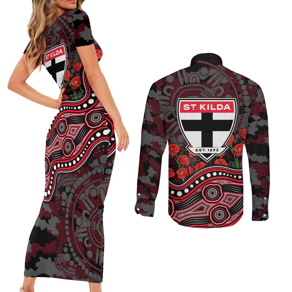 St Kilda Saints ANZAC Day Couples Matching Short Sleeve Bodycon Dress and Long Sleeve Button Shirt Indigenous Dot Art with Poppy Flower Tribute